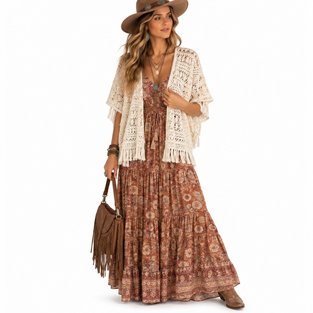 Hot & Delicious Womens M/L Cream Crochet Kimono Cardigan Fringe Boho Festival